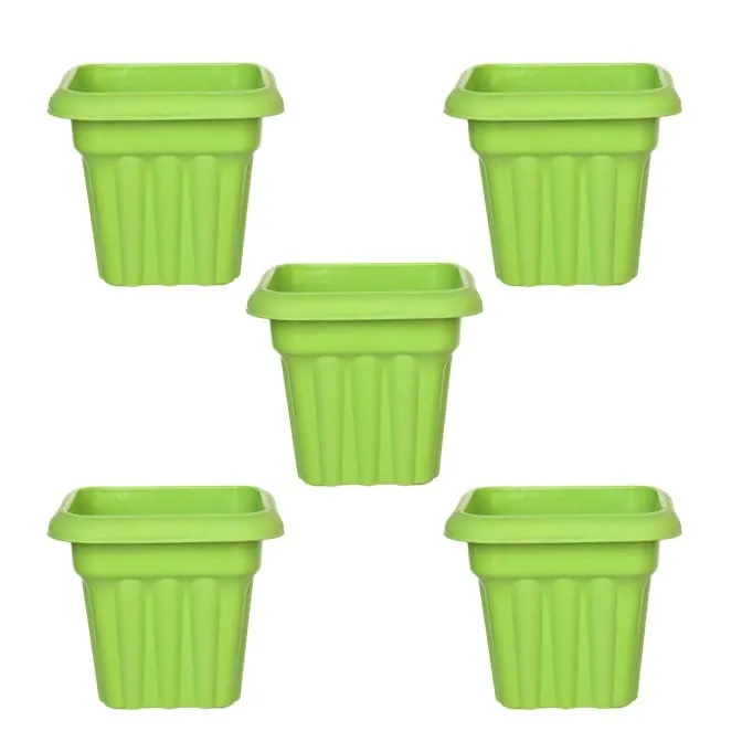 Set of 05 - 8 Inch Green Heavy Square Plastic Pot