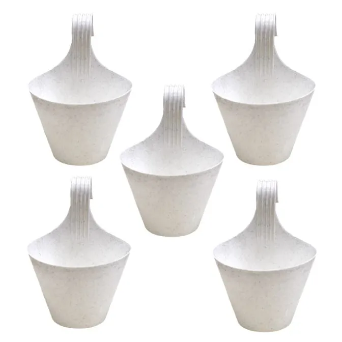 Set of 05 - 8 Inch White Single Hook Hanging Plastic Pot