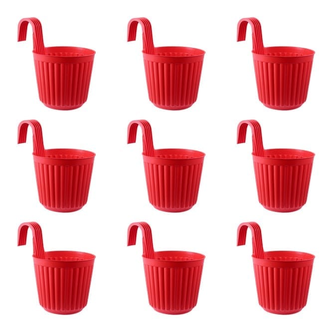 Set of 09 - 7 Inch Red Railing Single Hook Hanging Plastic Pot