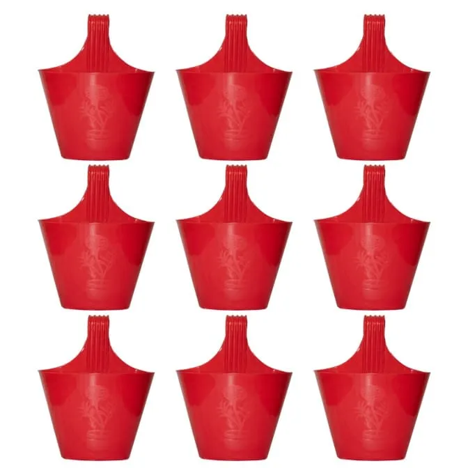 Set of 09 - 8 Inch Red Single Hook Hanging Plastic Pot