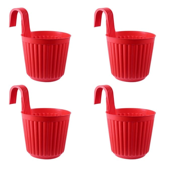 Set of 04 - 7 Inch Red Railing Single Hook Hanging Plastic Pot