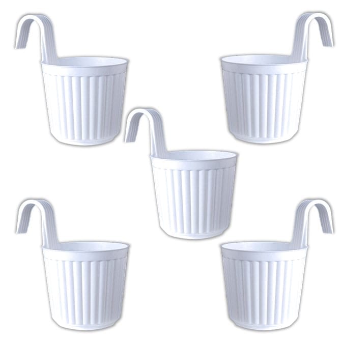 Set of 05 - 7 Inch White Railing Single Hook Hanging Plastic Pot