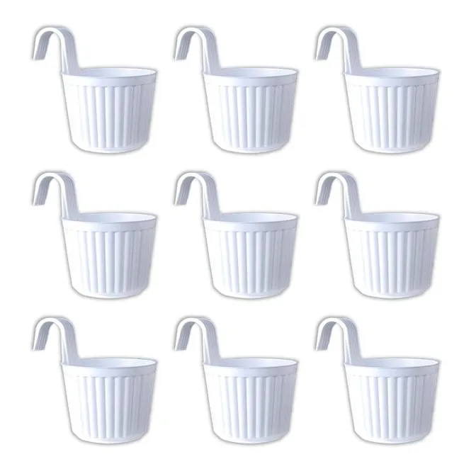 Set of 09 - 7 Inch White Railing Single Hook Hanging Plastic Pot