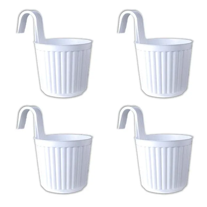 Set of 04 - 7 Inch White Railing Single Hook Hanging Plastic Pot
