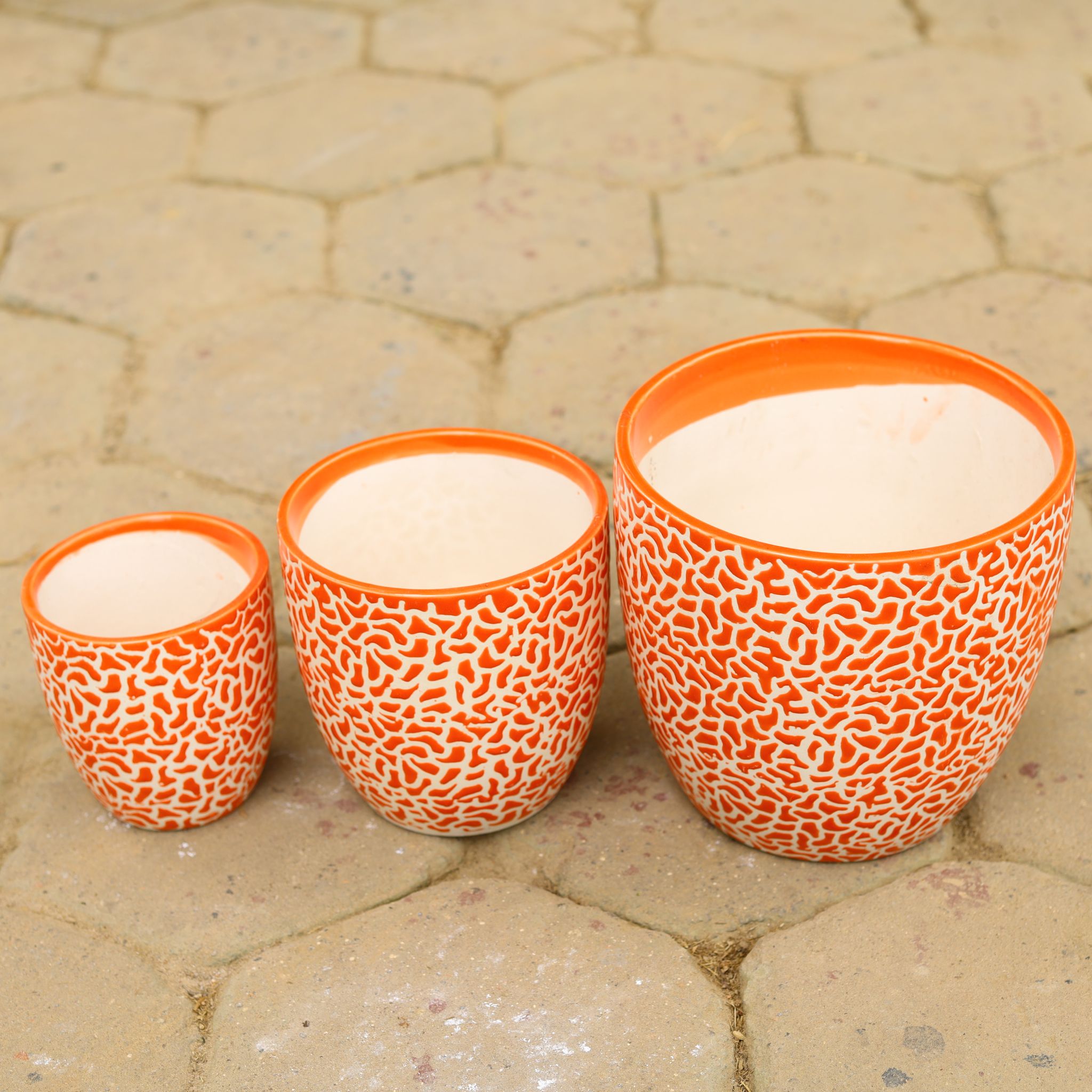 Set of 3 - (5,6 & 8 Inch) Orange Cup Shape Designer Ceramic Pot