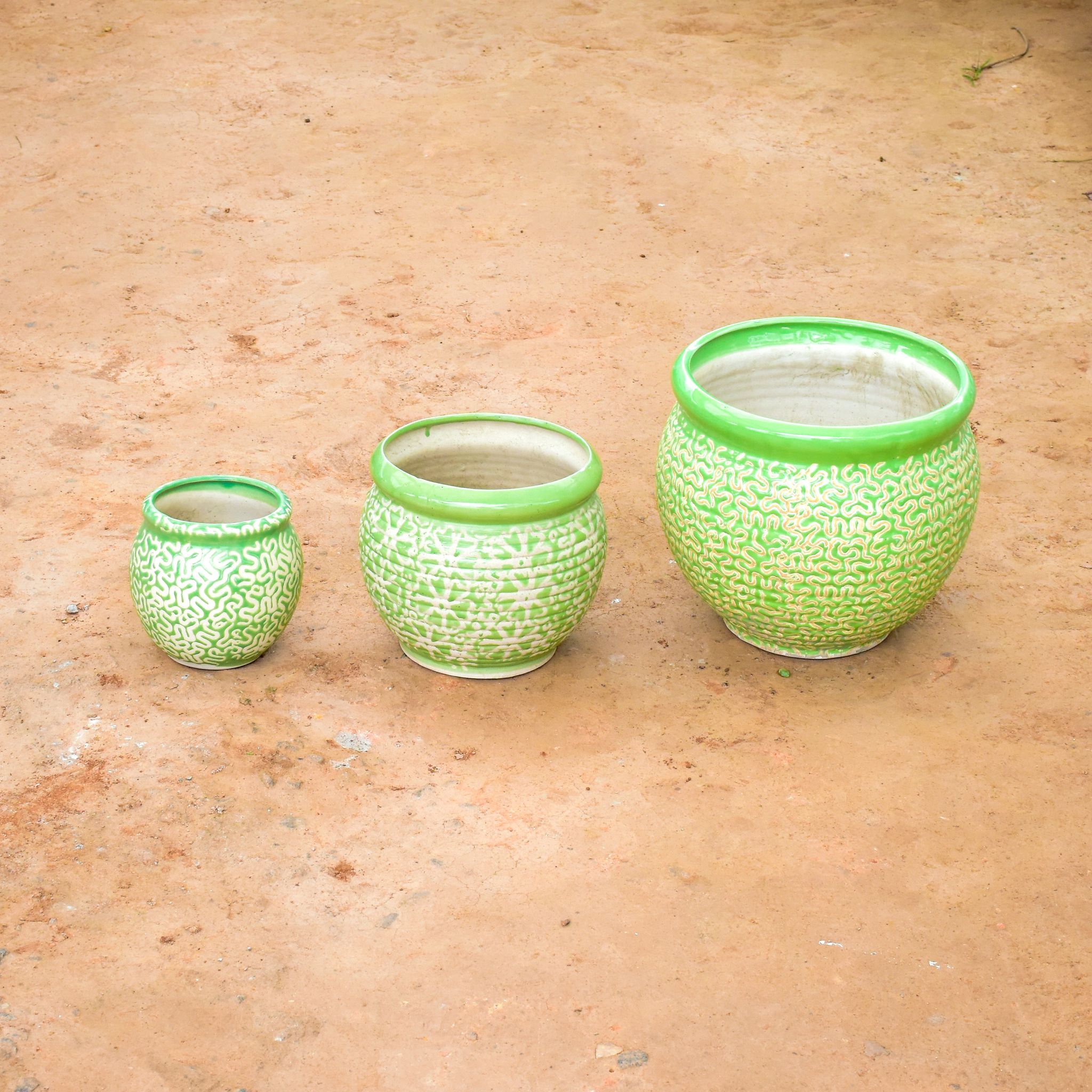 Set of 3 - (6, 9 & 12 Inch) Green Matki Designer Ceramic Pot (any colour) (any design)