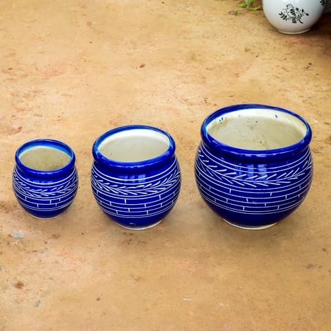 Set of 3 - (6, 9 & 12 Inch) Blue Matki Designer Ceramic Pot (any colour) (any design)