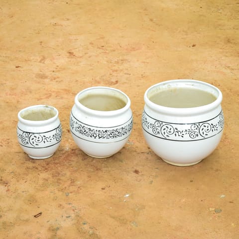 Set of 3 - (6, 9 & 12 Inch) White Matki Designer Ceramic Pot (any colour)
