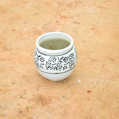 6 Inch White Matki Petal Designer Ceramic Pot (any design)