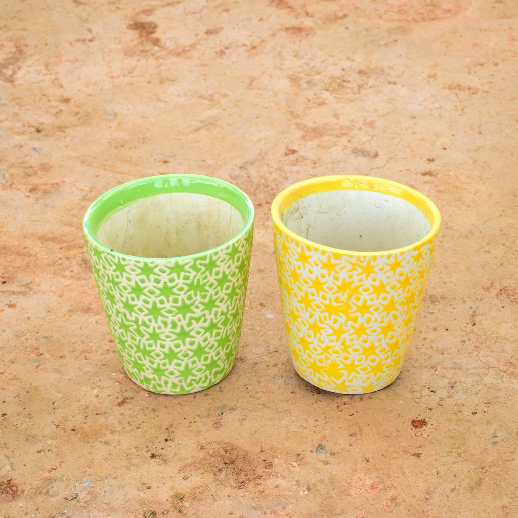Buy Set of 2 - 6 Inch Green & Yellow Balti Designer Ceramic Pot (any design) Online | Urvann.com Set of 2 - 6 Inch Green & Yellow Balti Designer Ceramic Pot (any design)