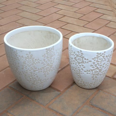 Set Of 2 - 10 & 8 Inch Cup Shape Designer Ceramic Pot (Any Colour) (Any Design)