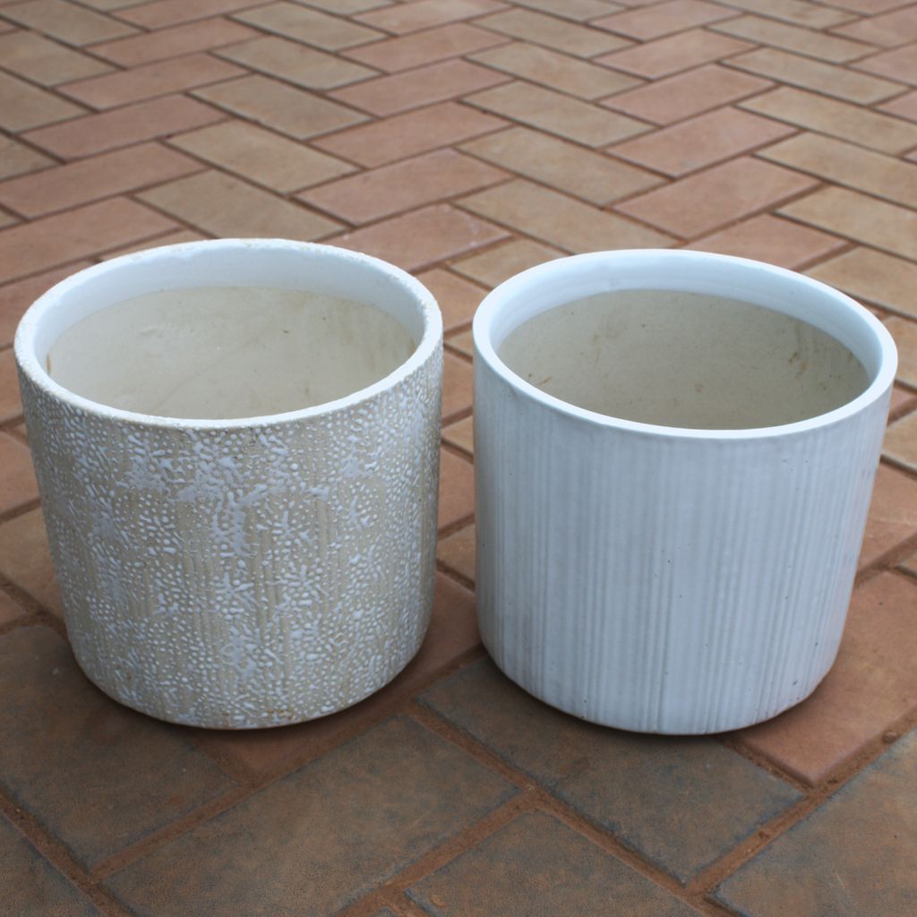Buy Set Of 2 - 10 Inch White Cylindrical Shape Ceramic Pot (Any Colour) (Any Design) Online | Urvann.com Set Of 2 - 10 Inch White Cylindrical Shape Ceramic Pot (Any Colour) (Any Design),Pots:Ceramic Planters:Royal Ceramic Pots