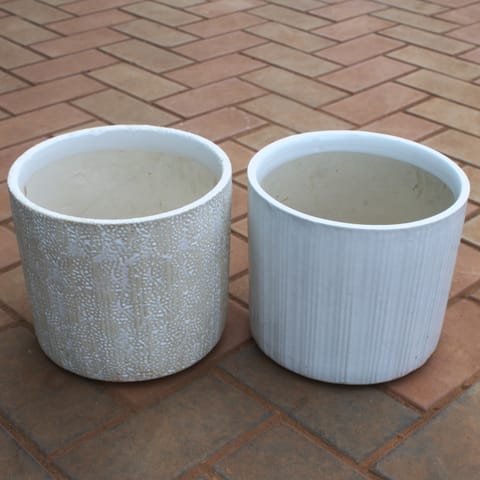 Set Of 2 - 10 Inch White Cylindrical Shape Ceramic Pot (Any Colour) (Any Design)