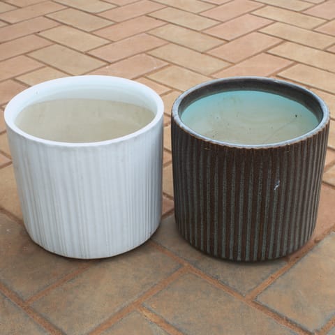 Set Of 2 - 10 Inch White Cylindrical Shape Ceramic Pot (Any Colour) (Any Design)