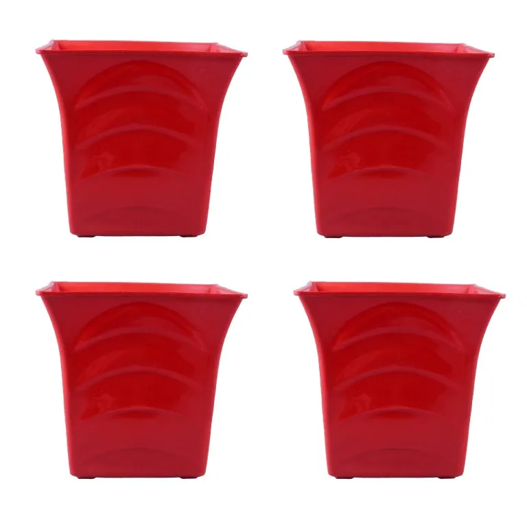 Set of 04 - 08 Inch Red Premium Tokyo Square Plastic Pot
