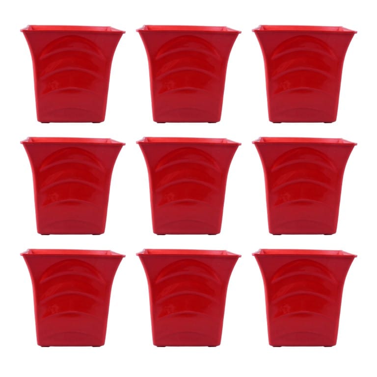 Set of 09 - 08 Inch Red Premium Pragati Square Plastic Pot