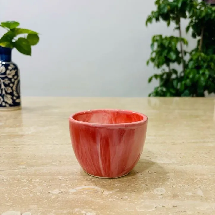 3 Inch Red Marble Handcrafted Cup Ceramic Pot- Gloss Finish Indoor Plant Pot