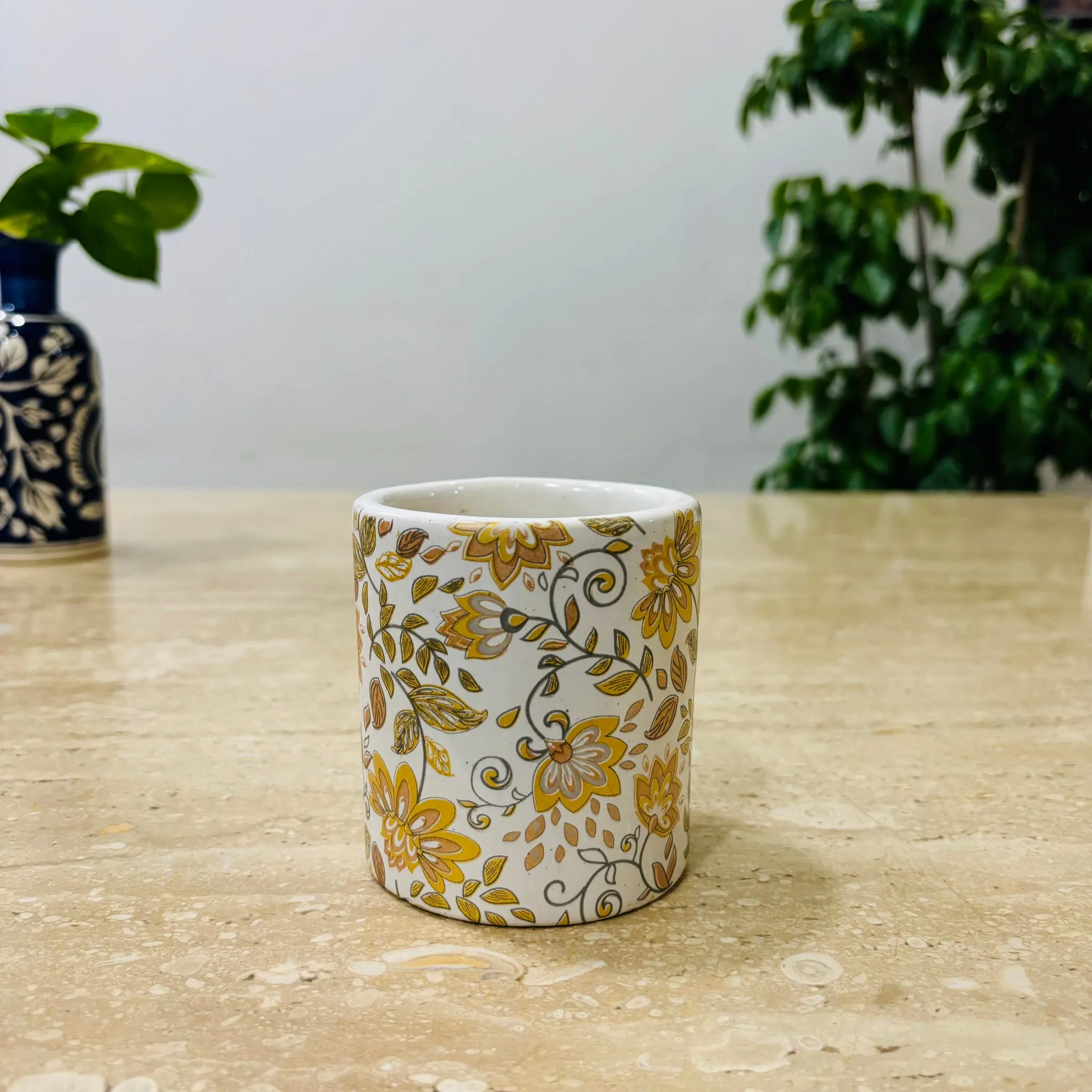 4 Inch White Cylindrical Handcrafted Mughal Designer Ceramic Pot- Gloss Finish Indoor Plant Pot