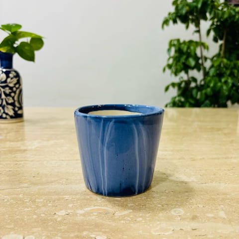 4 Inch Blue Marble Painted Cylindrical Ceramic Pot- Gloss Finish Indoor Plant Pot