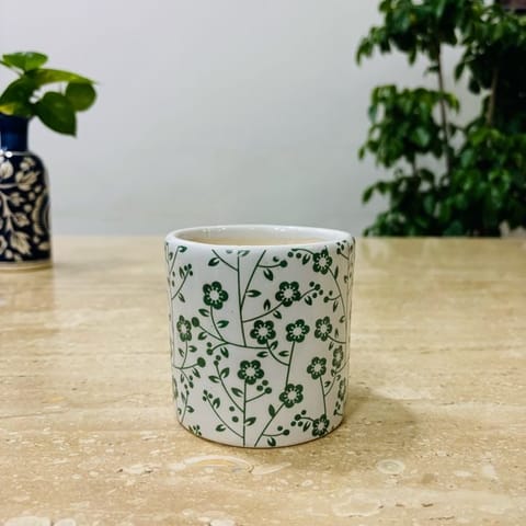 4 Inch White Handcrafted Green Floral Designer Cylindrical Ceramic Pot- Gloss Finish Indoor Plant Pot