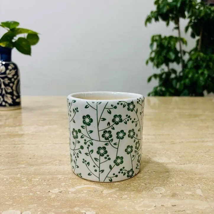 4 Inch White Handcrafted Green Floral Designer Cylindrical Ceramic Pot- Gloss Finish Indoor Plant Pot