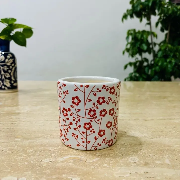 4 Inch White Handcrafted Red Floral Designer Cylindrical Ceramic Pot- Gloss Finish Indoor Plant Pot