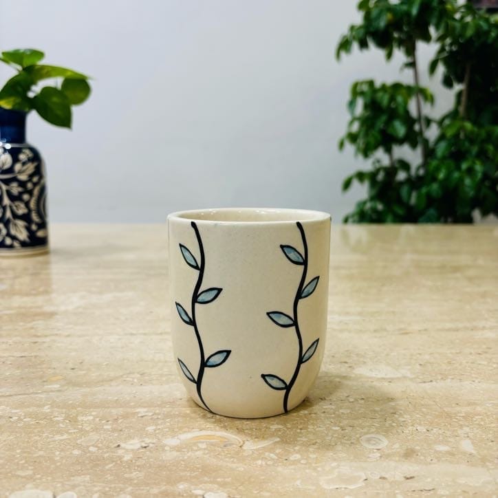 4 Inch Creme Lahariya Leaf Printed Handcrafted Ceramic Pot- Gloss Finish Indoor Plant Pot, Succulent Planter, Home Decor
