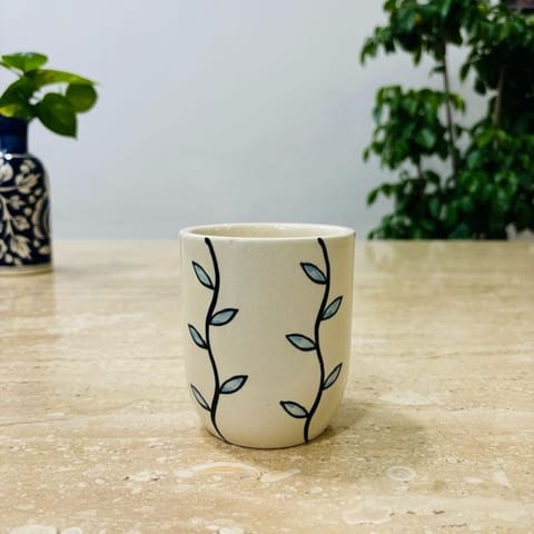 4 Inch Creme Lahariya Leaf Printed Handcrafted Ceramic Pot- Gloss Finish Indoor Plant Pot, Succulent Planter, Home Decor