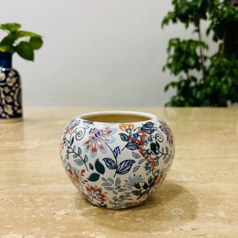 3.5 Inch White Handcrafted Mughal Printed Apple Ceramic pot- Gloss Finish Indoor Plant Pot