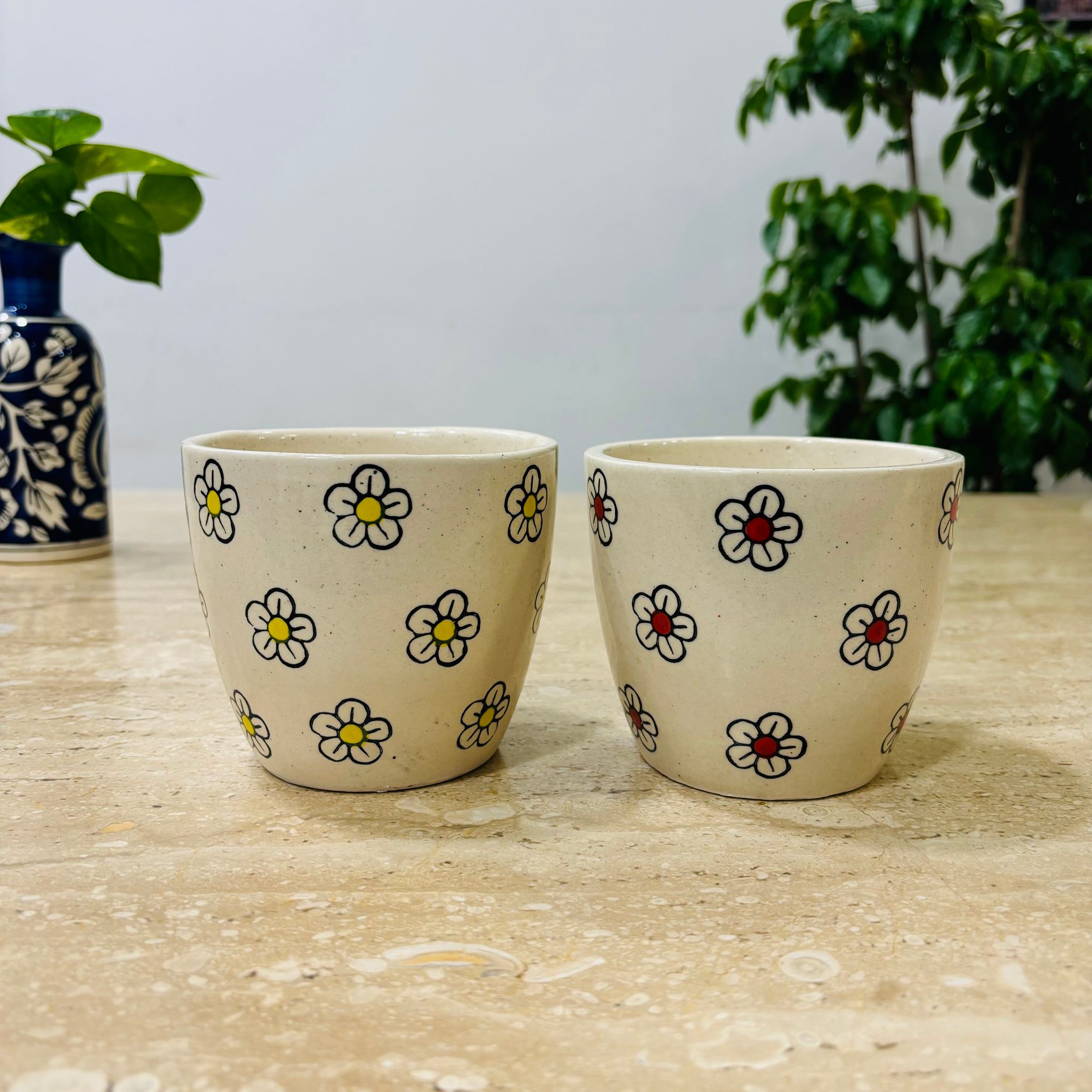 5 Inch White Ashwani Handmade Blue Leaf Vine Designer Ceramic Pot- Gloss Finish Indoor Plant Pot, Succulent Planter, Home Decor