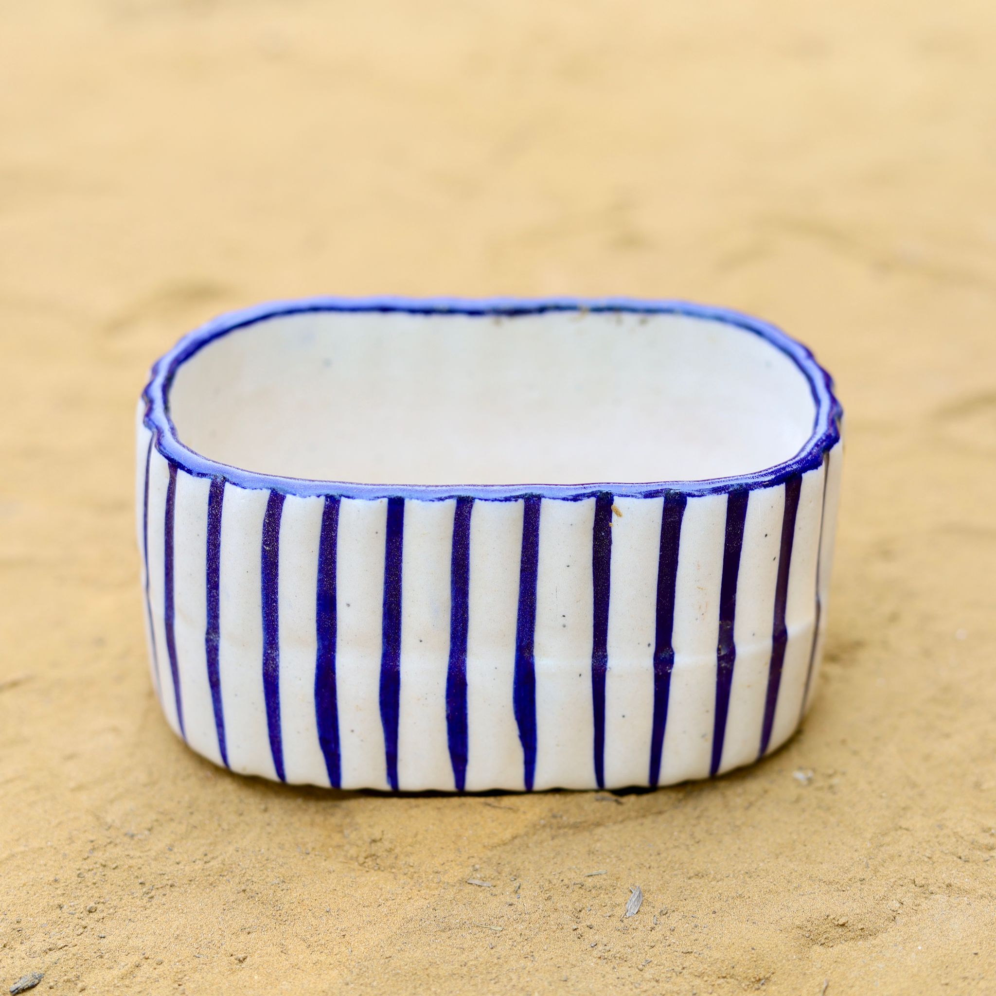 5 Inch White Handcrafted Blue Striped Ceramic Tray- Gloss Finish Indoor Plant Pot, Succulent Planter, Home Decor