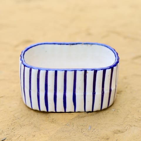 5 Inch White Handcrafted Blue Striped Ceramic Tray- Gloss Finish Indoor Plant Pot, Succulent Planter, Home Decor