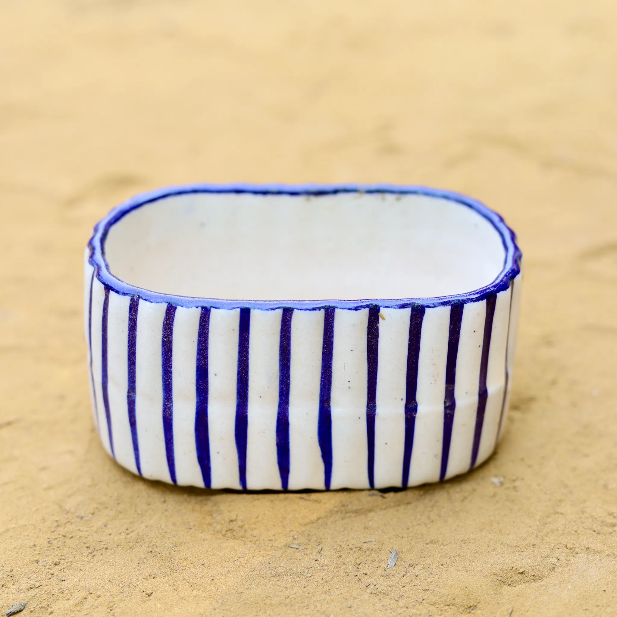 5 Inch White Handcrafted Blue Striped Ceramic Tray- Gloss Finish Indoor Plant Pot, Succulent Planter, Home Decor