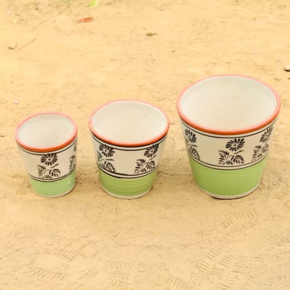Buy Set of 3 - (5.25, 6 & 7) Inch Green Black Flower Designer Balti Shaped Ceramic Pot Online | Urvann.com