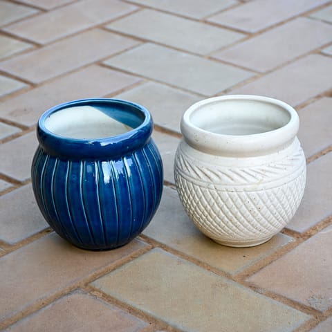 Set of 2 - 5 Inch (White & Blue) Premium Matki Designer Ceramic Pot