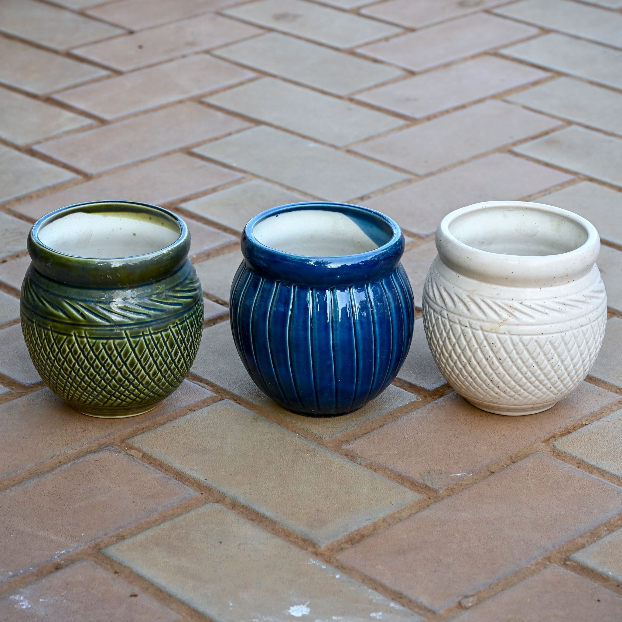 Set of 3 - 5 Inch (Olive Green, White & Blue) Premium Matki Designer Ceramic Pot