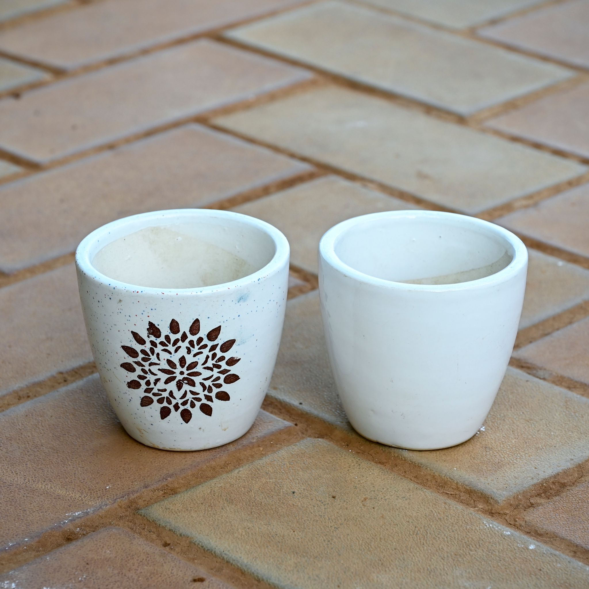 Set of 2 - 3 Inch White Cup Designer Ceramic Pot (any design) in 3 Inch Ceramic Pot