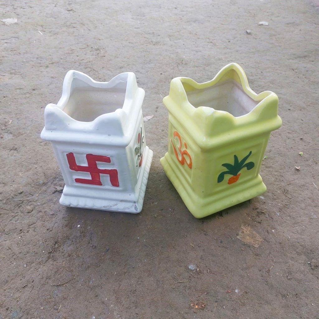 Set of 2 - 6 Inch White & Yellow Designer Tulsi Ceramic Pot Set of 2 - 6 Inch White & Yellow Designer Tulsi Ceramic Pot