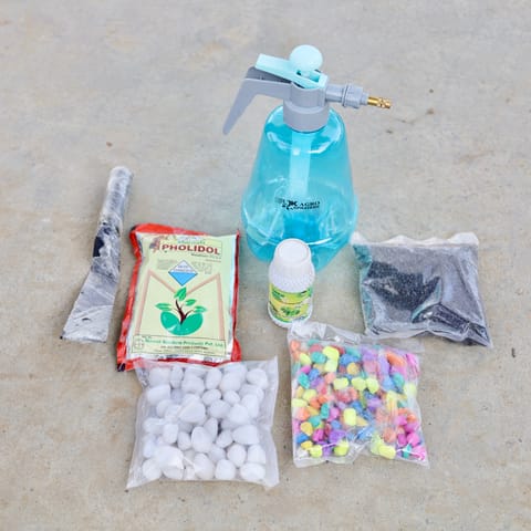 Set of 7 - Khurpi, Pholidol, Neem Oil, 1 Ltr Spray Bottle, DAP, White Pebble, Mix Pebble