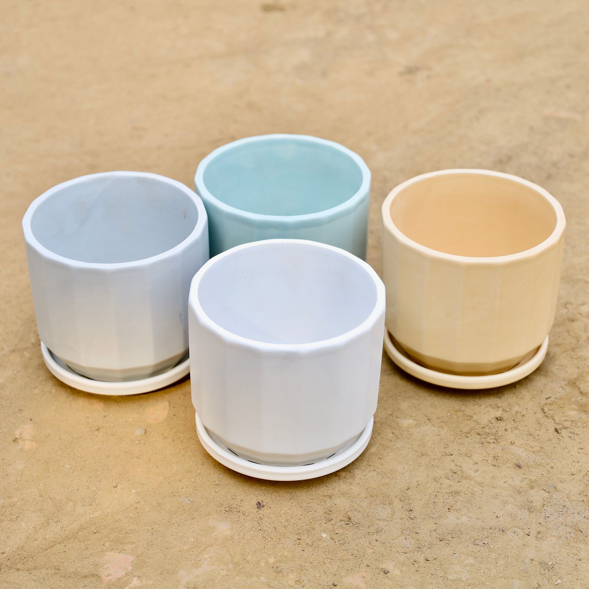 4 Inch Set of 4 - Cool Cloudy Round Shaped Ceramic Planter, Bright Beige Round Shaped Ceramic Planter, Gloss Lavender Ceramic Planter &  Glossy Round White Ceramic Planter