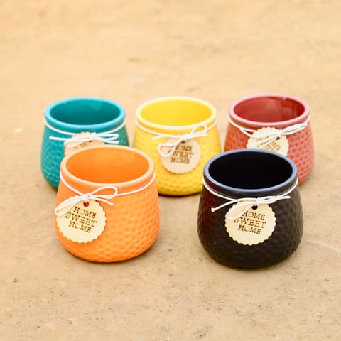 Set of 5 - 4 Inch (Sunkissed Sunny Ceramic Planter, Blueberry Bliss Ceramic Planter, Pookie Pink Ceramic Planter, Black Dotted Ceramic Pot & Plump Pumpkin Ceramic Planter)