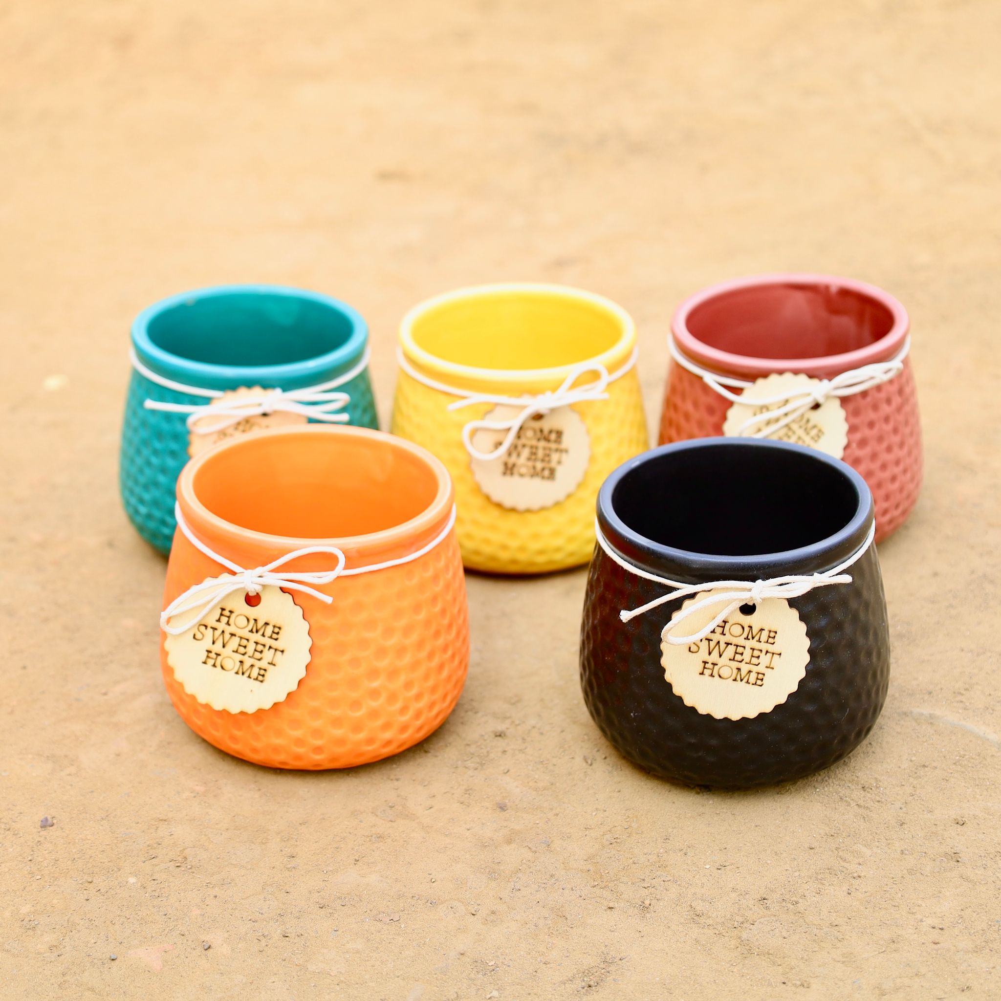 Set of 5 - 4 Inch (Sunkissed Sunny Ceramic Planter, Blueberry Bliss Ceramic Planter, Pookie Pink Ceramic Planter, Black Dotted Ceramic Pot & Plump Pumpkin Ceramic Planter)