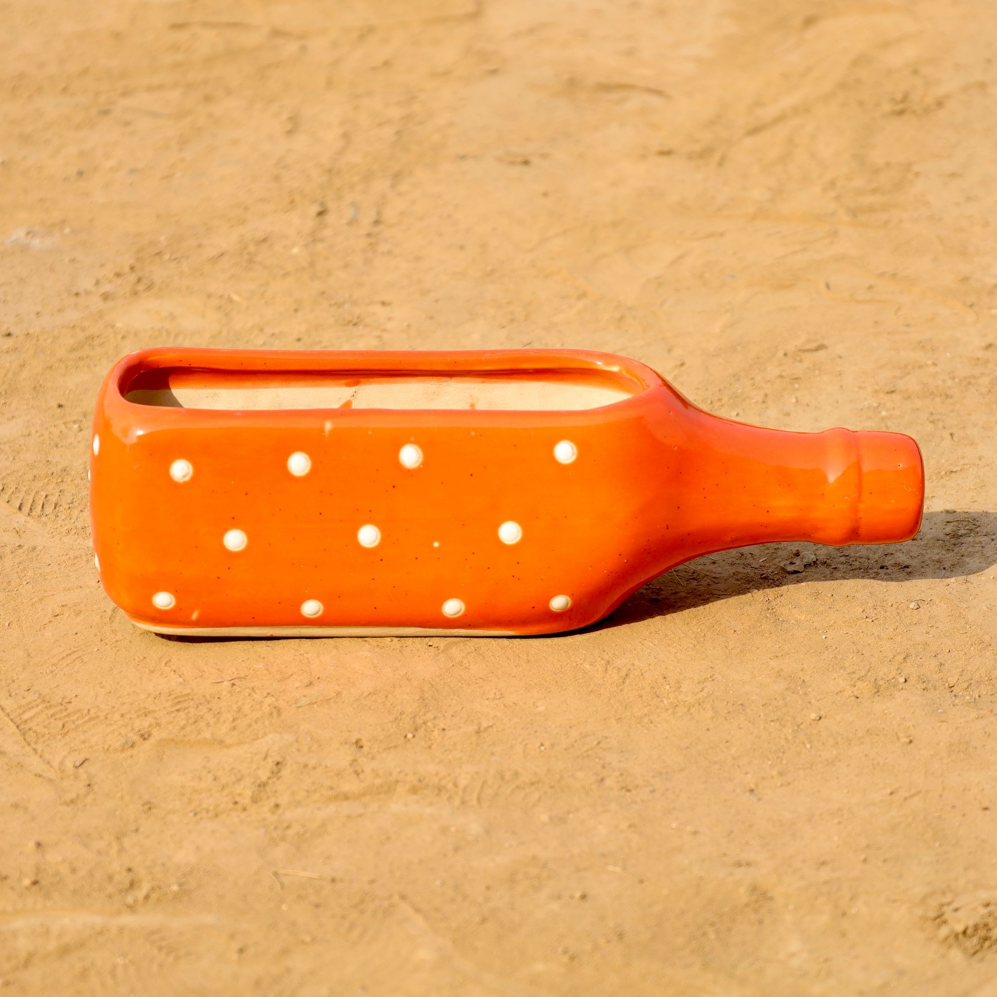 4 Inch Orange Bottle Polka Dot Ceramic Planter