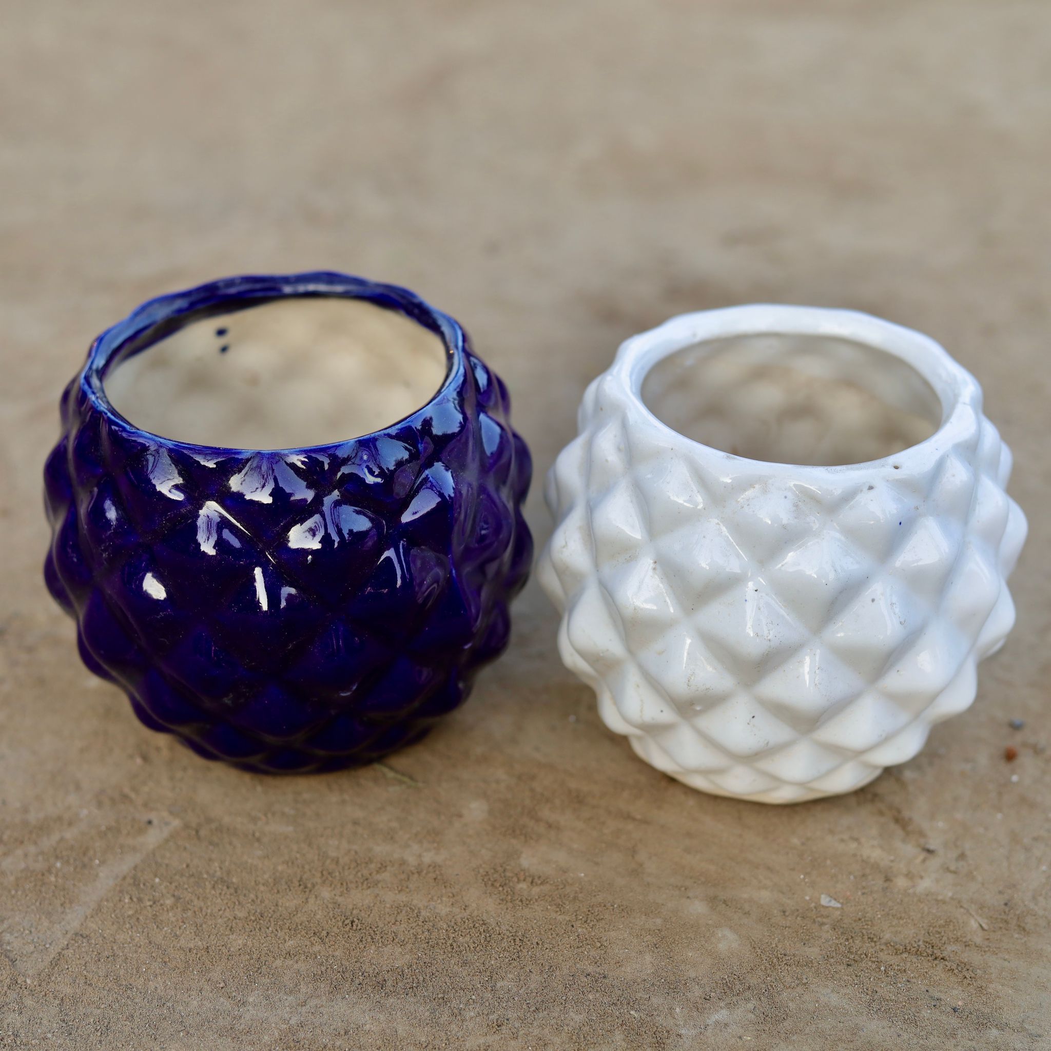 Set of 2 - 5 Inch Pineapple Ceramic Pot (Blue & White) (Any Colour)