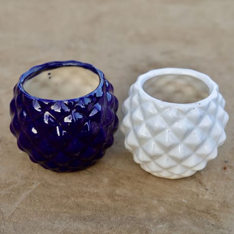 Set of 2 - 5 Inch Pineapple Ceramic Pot (Blue & White) (Any Colour)