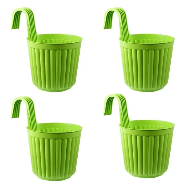 Set of 04 - 7 Inch Green Railing Single Hook Hanging Plastic Pot
