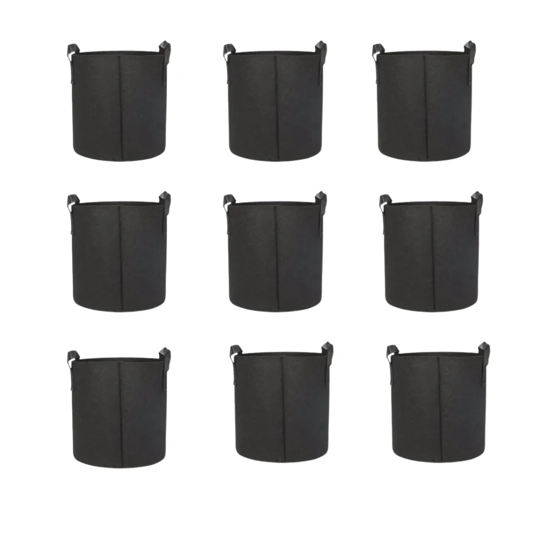 Set of 9 - 15x15 Inch Round Black LUMA Grow Bag - 400 GSM Heavy Duty Geo Fabric, Breathable, Reusable Planter for Home Gardening