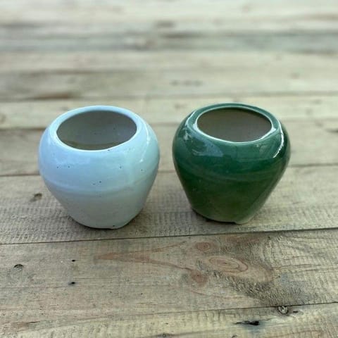 Set of 2 - 4 Inch (White & Green ) Classy Ceramic Apple Pot