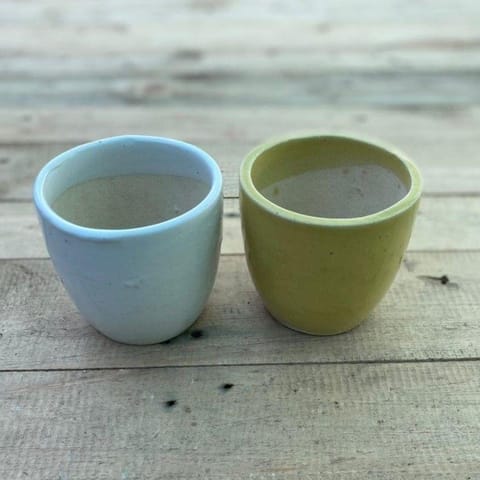 Set of 2 - 3 x 4 Inch (Yellow & White) Elegant Cup Ceramic Pot