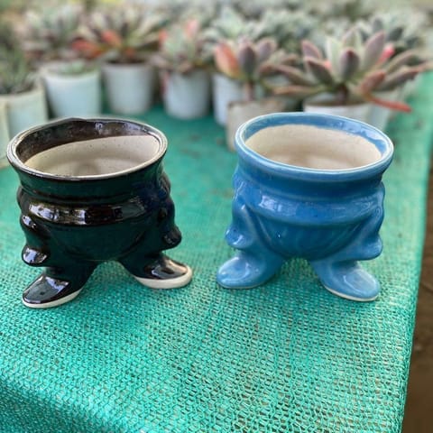 Set of 2 - 5 Inch Designer Ceramic Leg Pot (Colour may vary)